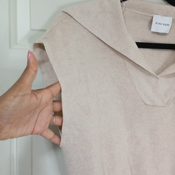 Pink Rose S Sweatshirts Top Beige Knit Sleeveless With Collar Womens L - Picture 4 of 9